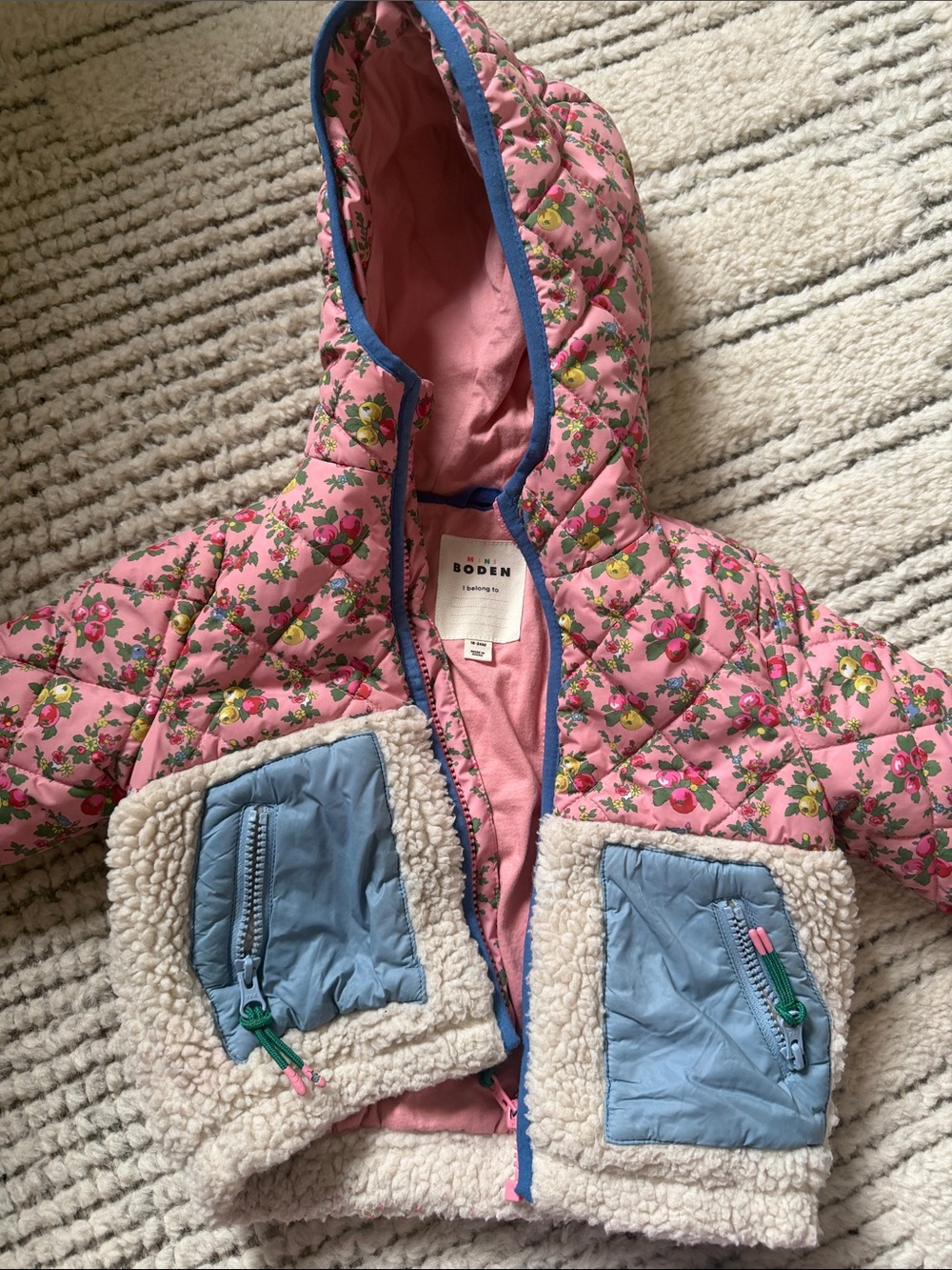 Boden Pink Floral Quilted Hooded Jacket with Blue Trim